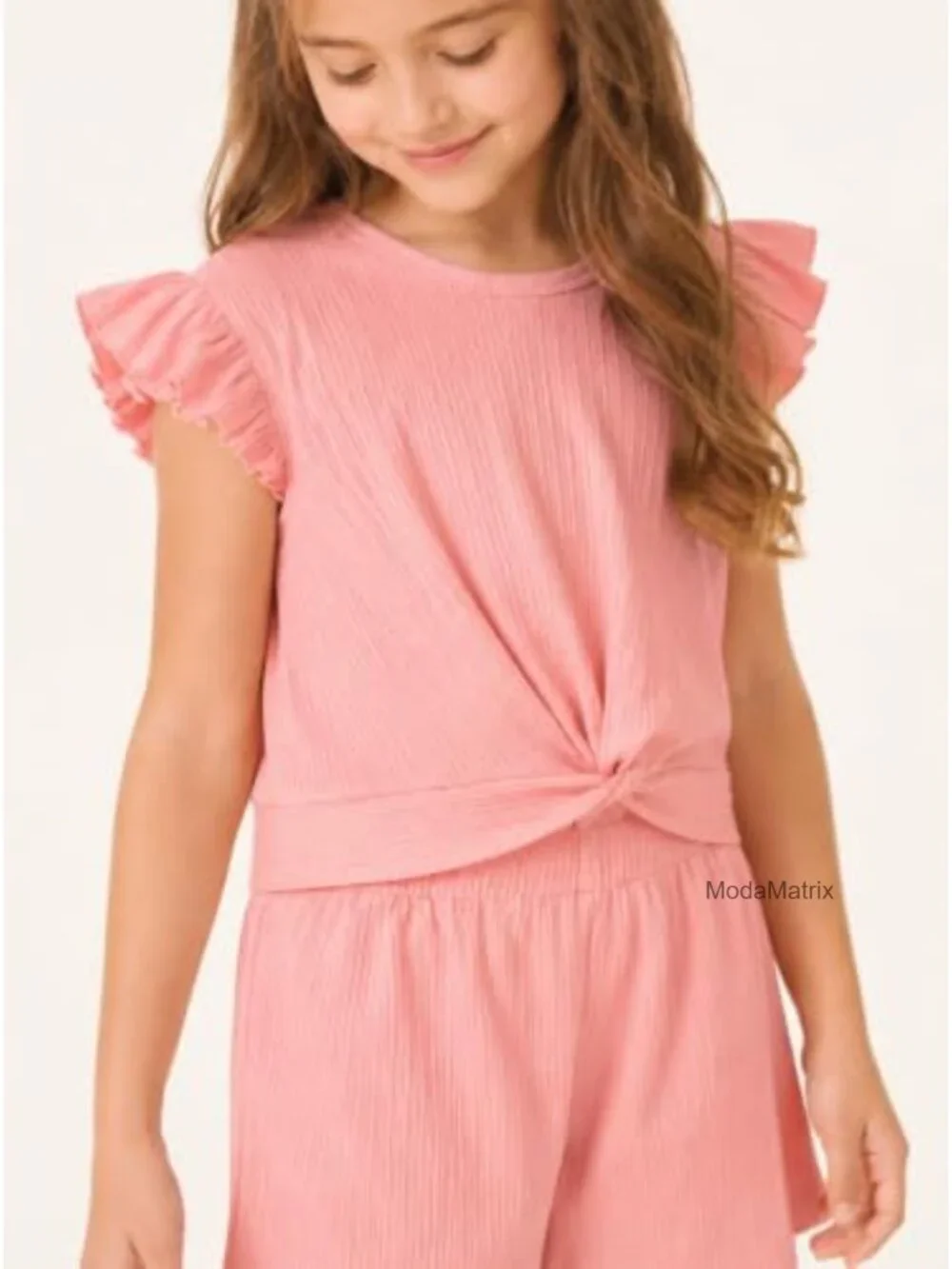 Girls 2 Piece Outfit Summer Ruffle Sleeve Top High Waisted Striped Shorts Set